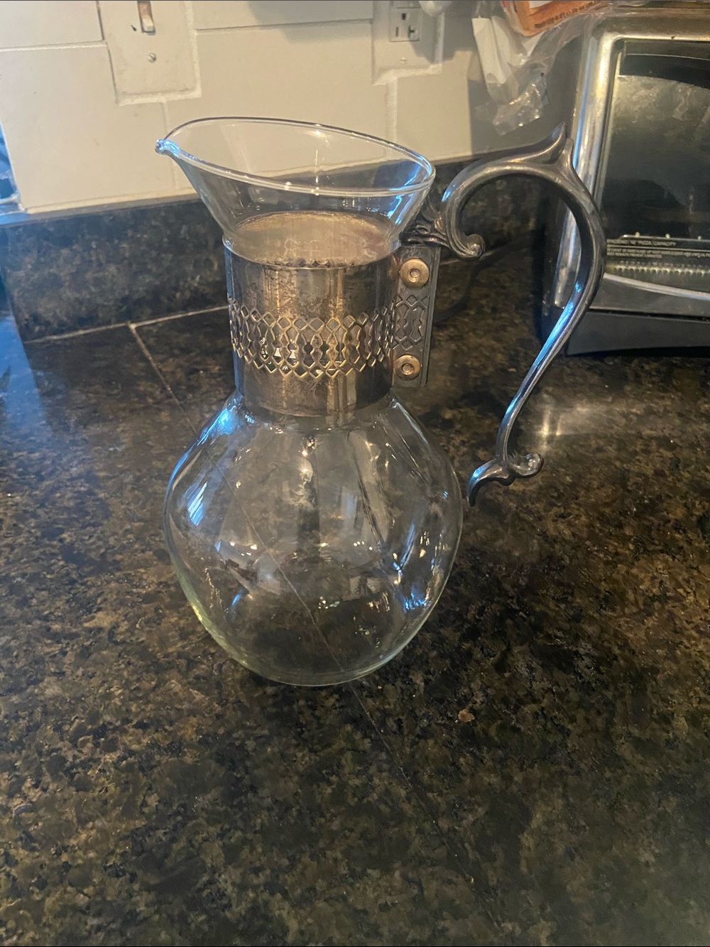 Clear Glass Pitcher with Decorative Silver-Tone Handle